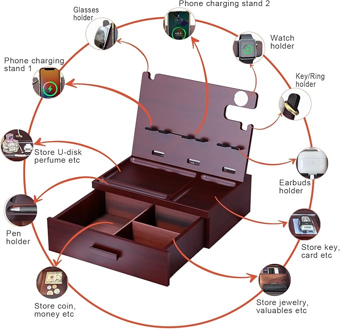 Nightstand Organizer with Drawer Built in 4 USB Charger, Wood Phone Docking Station with Dual Phone Charging Station for Apple Android Phones Anniversary Birthday Gifts for Men Dad Hunsband Mom