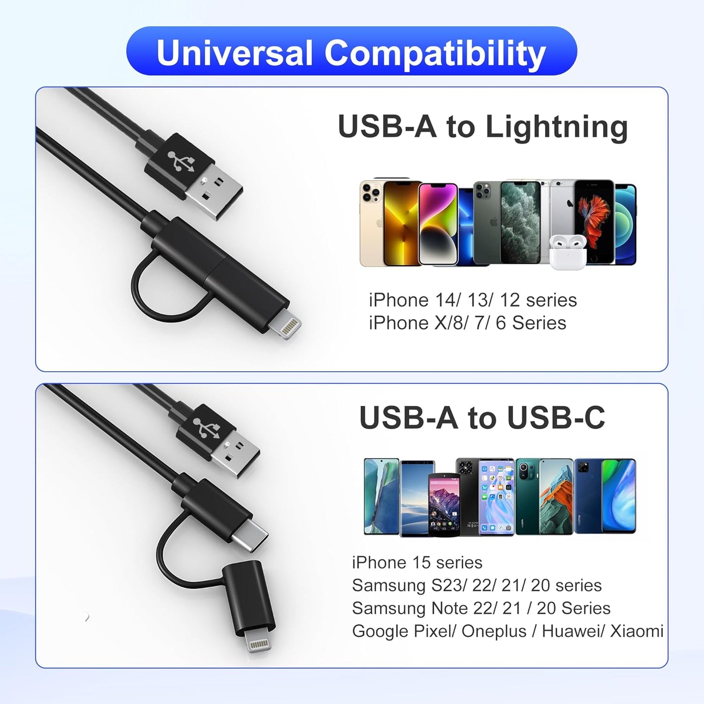 USB to USB-C and Lightning Cable Combo 2 in 1 Coiled Cable Support Apple Carplay & Android Auto [MFi & 3A Fast Charge & Data Sync] Coiled Lightning and USB C Cable for iPhone 17/16/15/14/13/12/Android