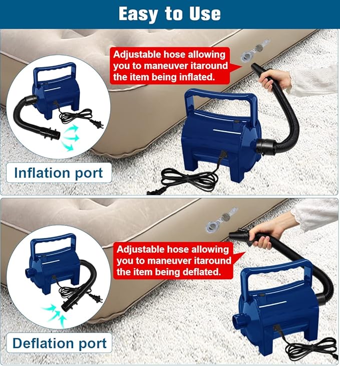 Artigarden Electric Air Pump Portable 460W Quick-Fill Air Pump Air Flow 45CFM 2.1PSI with Hose 5 Nozzles 120V AC Inflator Deflator Pump for Air Mattress Air Bed Inflatable Cushion Boat Swimming Ring