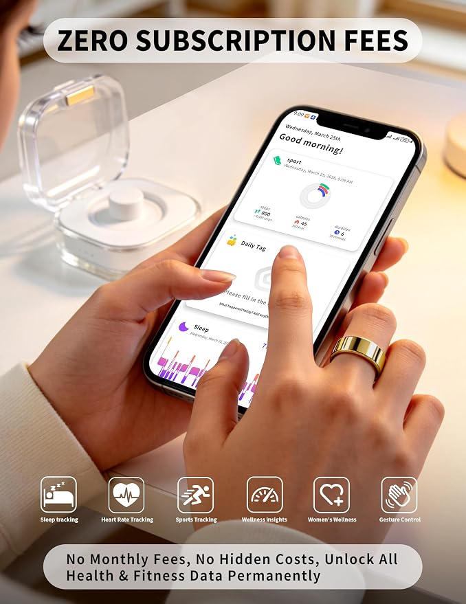 Smart Ring for Women Men Fitness Tracker Heart Rate Sleep Trends 128 Sports Modes Gesture Control Cycle Tracking IP68 Waterproof No Subscription Compatible with iPhone Android (Gold, Size 9)