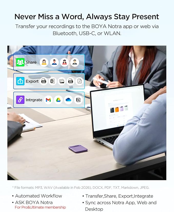 BOYA Notra AI Voice Recorder,Ambient/Phone Call/Bluetooth Capture, AI Transcription&Smart Summary, Support 140+ Languages, 64GB Storage, Magnetic Note Taker for Meetings,Lectures,Interviews(Purple)