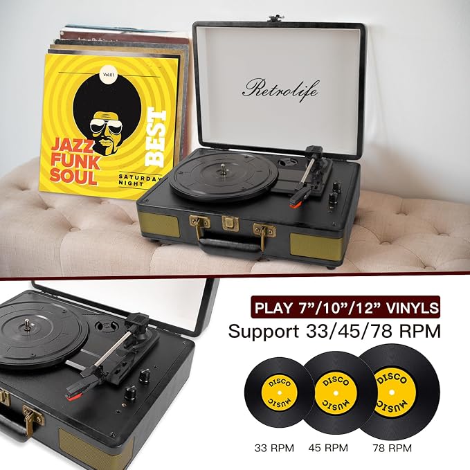 Retrolife Record Player 3 Speed Bluetooth Portable Suitcase Vinyl Player with Built-in Speakers Turntable Enhanced Audio Sound PU Leather Vintage