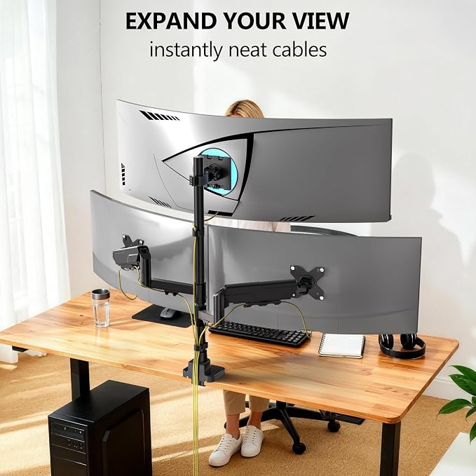 WALI Triple Monitor Mount, up to 49'' Ultrawides on Top Bracket and 34'' Screens on Side Brackets, Extra Tall 3 Monitors Desk Mount, Heavy Duty Monitor Arm up to 44 lbs (GSDM003N-P), Black