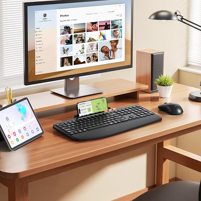 MEETION Wireless Keyboard and Mouse Combo, Ergonomic Keyboard with Wrist Rest, Tablet Holder, Scissor Keys USB/Bluetooth Rechargeable Keyboards, 4DPI Mouse, for Windows/Mac/PC/Laptop/Phone/Tablet