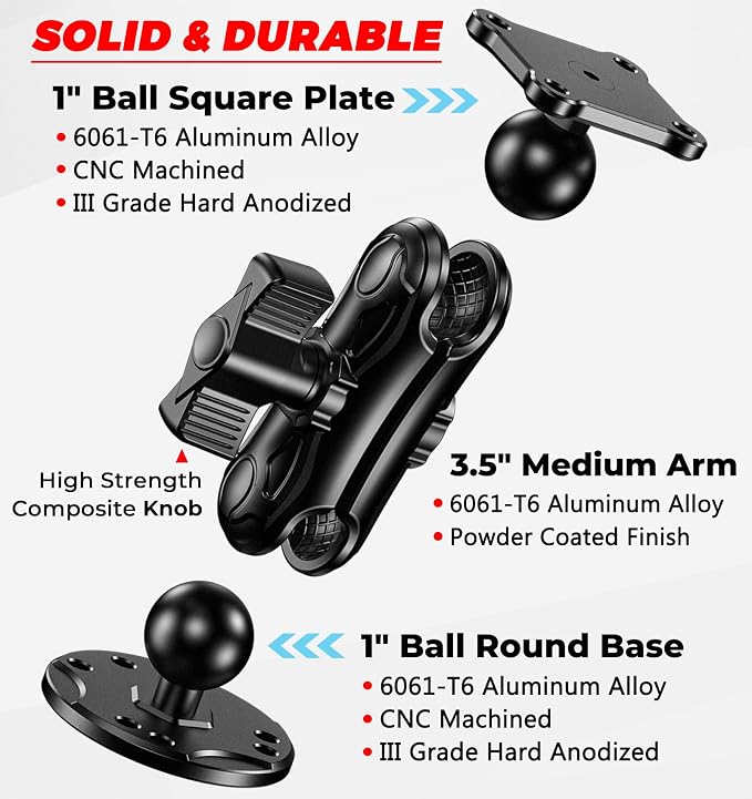 VAZESWIN Aluminum Alloy 1" Ball Fish Finder Mount with Industry Standard AMPS 4-Hole Square Plate & Round Base, 3.5" Medium Arm Marine Electronic Mount Fit for Garmin GPS Lowrance Simrad RAM Mounts