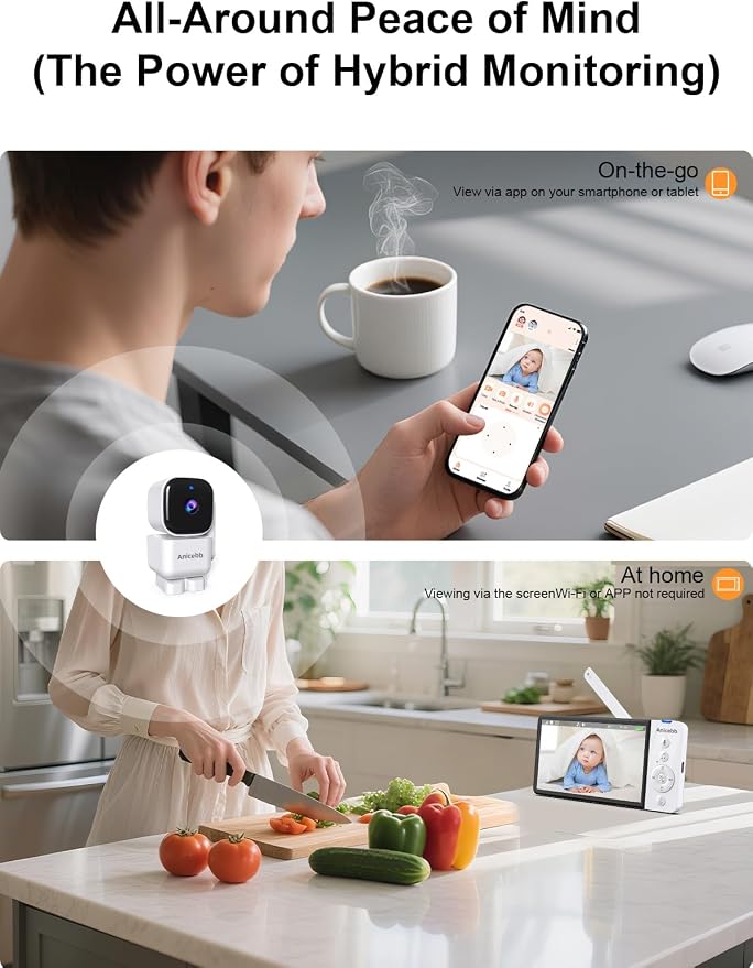 Smart Baby Monitor with App & 5" Screen, Dual Mode (2.4 GHz WiFi Phone Access & Secure No-WiFi), Auto Motion Tracking PTZ Camera, 36H Battery, Night Vision, Cry/Temp Alerts