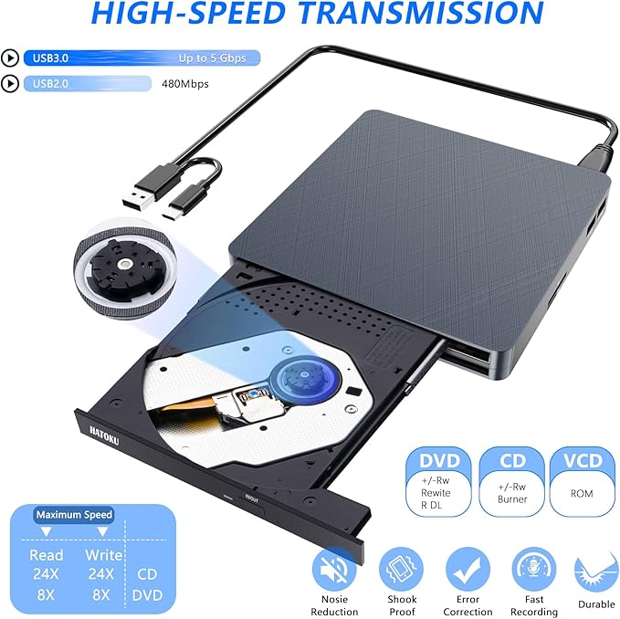 HATOKU External CD/DVD Drive for Laptop (USB 3.0 & USB-C): 8X DVD/24X CD Burner - Portable DVD Player for Laptop - Plug & Play External CD Drive for PC Desktop Windows 11 10 8 7 MacOS Linux (Grey)