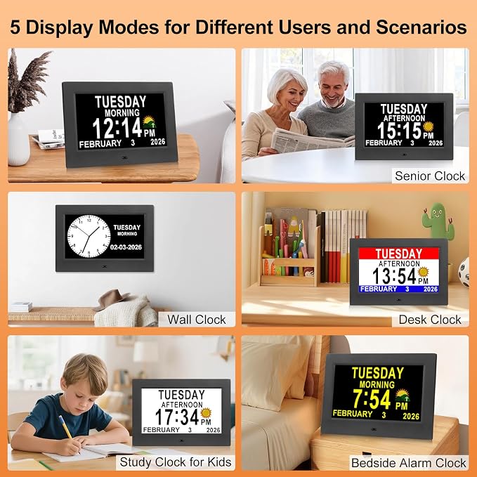 KASTISS Dementia Digital Clock for Seniors 7" Large Display Clock with Day and Date for Elderly Easy to Use 15 Alarms 5 Colors Auto Dimmable Alarm Clock for Bedroom Classroom Senior Gifts (Black)