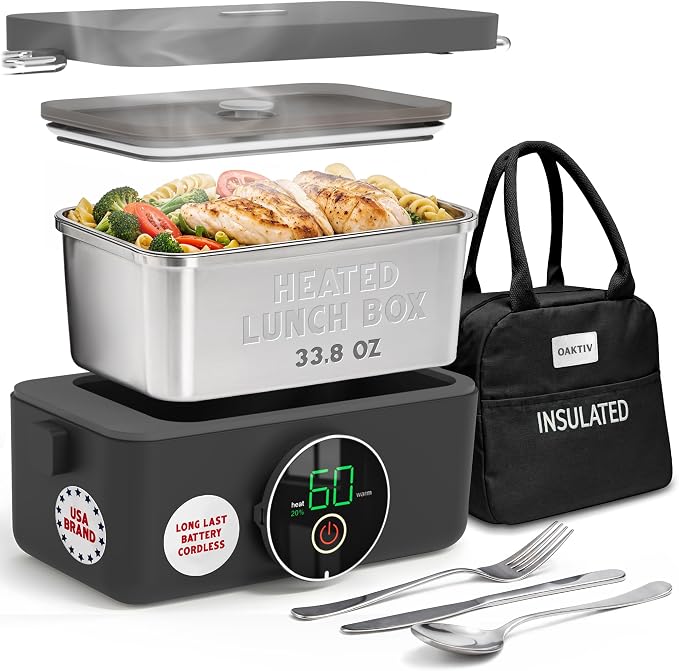 Oaktiv Lunch Box Warmer, Electric Heated Lunch Box for Adults, 4-Cup Cordless Portable Food Warmer with Scheduled Timer, Rechargeable with Insulated Bag