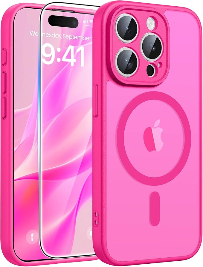 FNTCASE for iPhone 15 Pro Case: [Compatible with Magsafe] Translucent Matte Cases with [Full Camera Protection] [Screen Protector] Military Grade Shockproof Protective Phone Cover - Hot Pink
