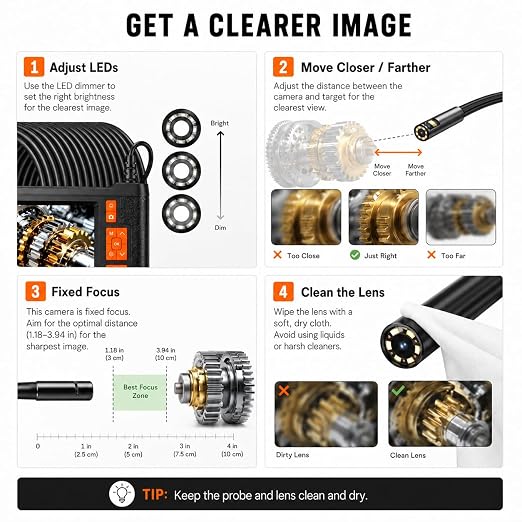 33FT Dual Lens Endoscope Camera with Light, 4.3" Borescope with Photo/Video(Built-in 32GB Card), IP67 Waterproof with 8 LED Lights, Semi-Rigid Snake Cable for Pipe, Engine & HVAC Inspection
