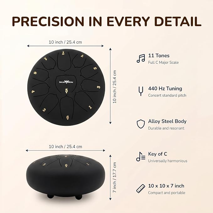 Balmy Drum Steel Tongue Drum 10 inch 11 Notes 440Hz, Handpan Drum with Music Book, Mallets, Carry Bag, Finger Picks, Rain Drum for Outdoor, Meditation Yoga Calming Instruments for Adults Kids (Black)