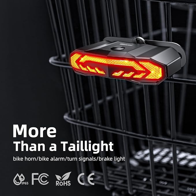 WSDCAM Smart Bike Seat/Bike Basket Tail Light with Turn Signals and Brake Light, Bike Alarm Horn with Remote, Rechargeable Rear Bike Light for Night Riding, Waterproof Bicycle Tail Light with Mount