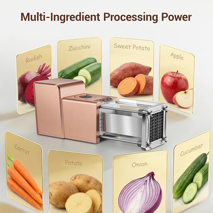 Sopito French Fry Cutter Electric Vegetable Slicer Stainless Steel with 3 Blades 1/4 3/8 1/2 Inch for Potatoes Carrots Onions Apples, Rose Gold