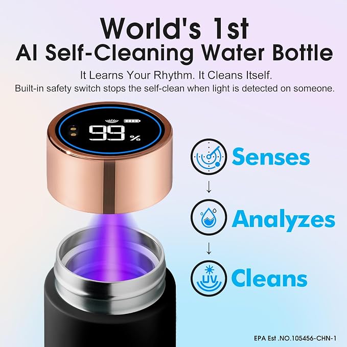 Vsitoo 8.5oz self-cleaning Mini Insulated Water Bottle,Stainless Steel Vacuum Flask,AI Self-Clean,30-Day Battery Life,BPA-Free,Perfect Small Water Bottle for Travel, Purse,Black
