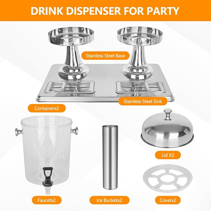 Drink Dispenser with Stand, 4.2 Gallon Beverage Dispenser for Parties, Stainless Steel Dual-Head Juice Dispenser with Centre Ice Core and Drip Trays for Parties, Buffet Cafeterias, Homes