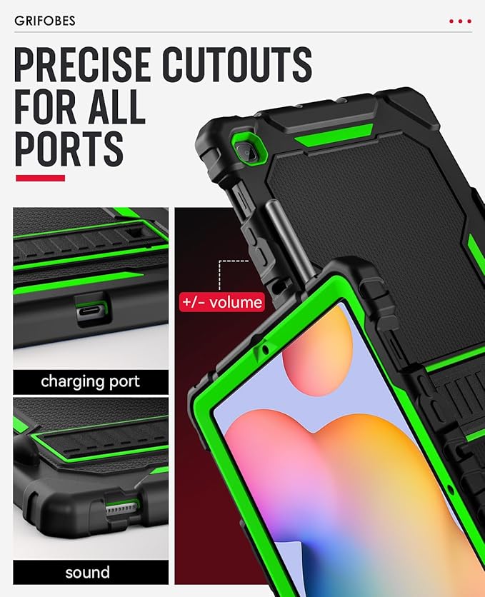 Grifobes Case for Samsung Galaxy Tab S6 Lite 10.4 inch 2024/2022/2020 with S Pen Holder, Heavy Duty Military Grade Shockproof Rugged Protective 10.4" Cover with Stand (Black+Green)