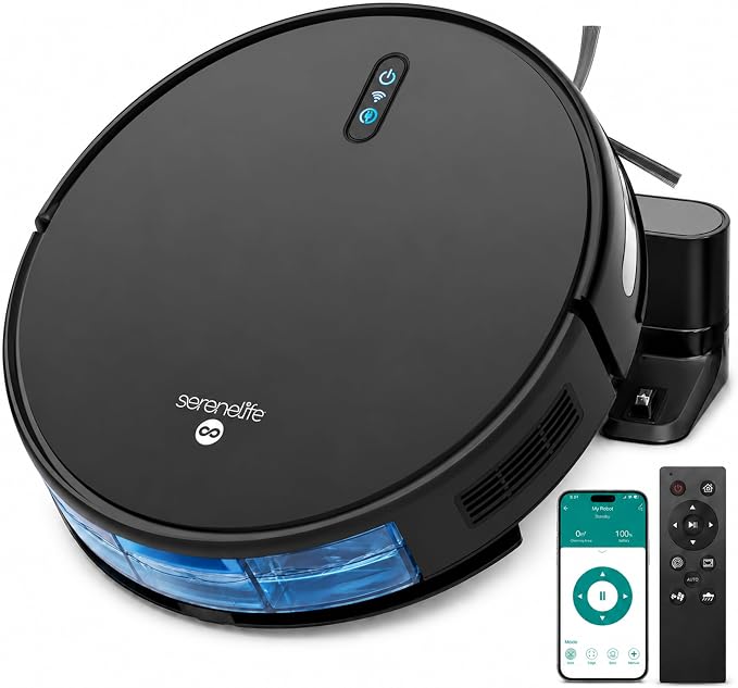 SereneLife Automatic Robot Vacuum Cleaner and Mop Combo, Pro Edition with Upgraded Battery, Extreme Suction, Internal Water Tank - Smart App Control, Ideal for Pet Hair, Carpet and Hard Floors, Black