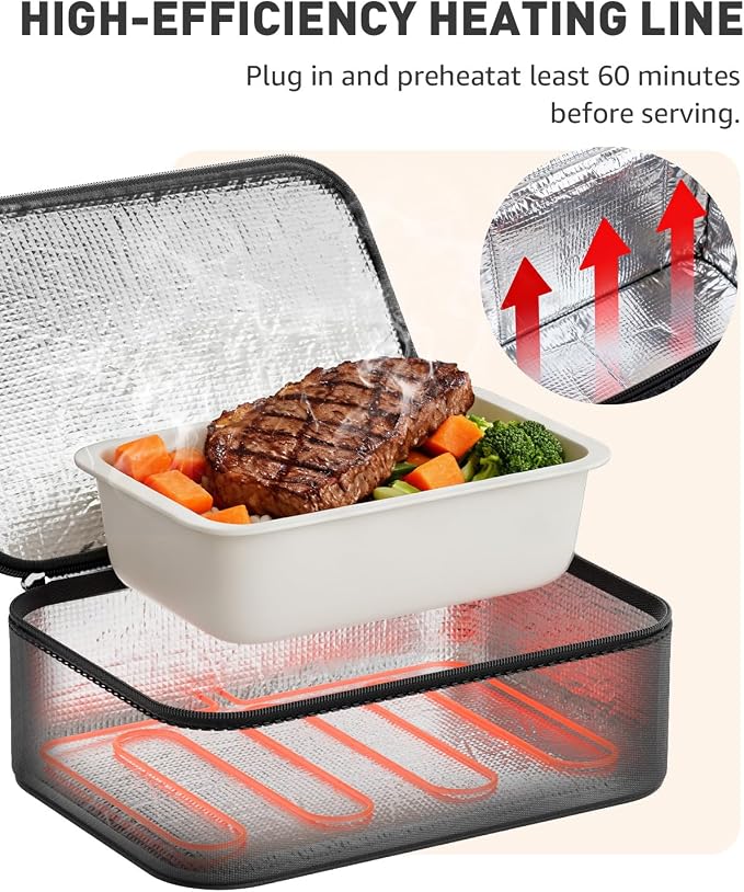 Portable Food Warmer - Heated Lunch Box for Adluts - Electric Thermal Lunch Bag with Buckle Handle, Heating Food Warmer Bags for 12V/24V Car & Truck, 110V/220V Home/Office, Black