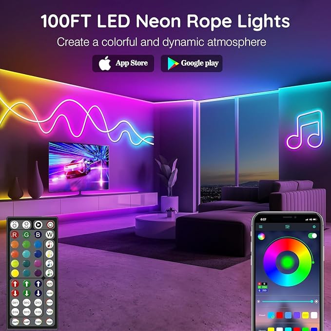 100Ft Neon Rope Lights,Flexible Led Rope Lights Control with App/Remote,Multiple Modes Rope Lights,IP65 Outdoor RGB Led Neon Lights Waterproof,Music Sync Gaming Led Neon Light Strip for Bedroom Decor