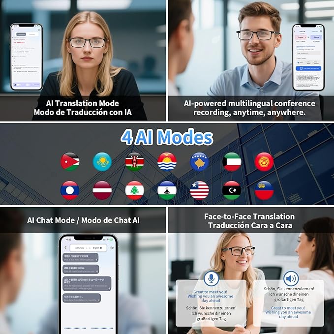 AI Glasses for Men Women Powered by ChatGPT, Bluetooth Smart Glasses with AI Translation(165+ Language), AI Noise Cancellation Via APP, Blue Light Filtering & Ultra-Slim Detachable Arms for Working