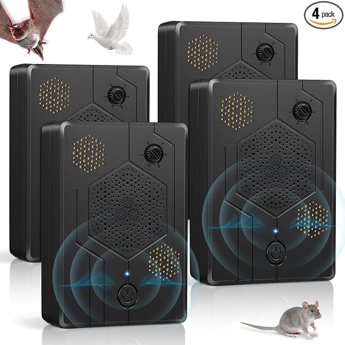 2026 Ultrasonic Bird Repellent Devices Woodpecker Repellent Outdoor for Attic Pigeon Deterrent Goose Repellent Rechargeable Bats Repellent Indoor to Keep Birds Away from Porch Balconies 4 Pack
