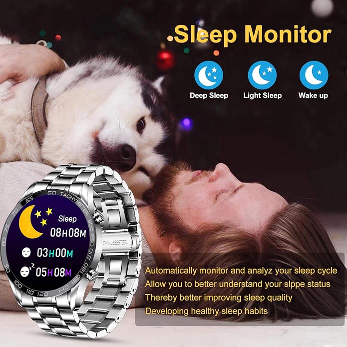 Men Smart Watch for Android iOS, Bluetooth Calls Voice Chat with Heart Rate/Sleep Monitor Fitness Tracker, 1.3" Full Touch Screen IP67 Waterproof Stainless Steel Activity Tracker for Men