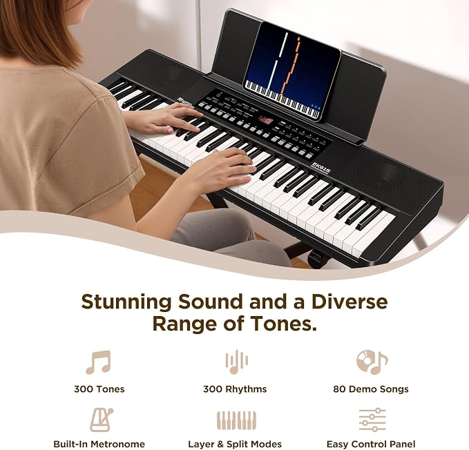 Rhymo 61 Key Keyboard Piano, Electric Piano Keyboard with Touch Response, LED display, Music Stand, 300 Voices, 300 Rhythms, Learning Keyboard Piano for Beginners, Built-in Speakers (Black)