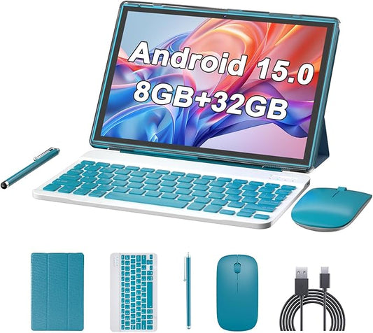 10 inch Android 15 Tablet with Keyboard Stylus, 8GB RAM 2 in 1 Tableta, Includes Mouse & Protective Case, 6000mAh Battery, Wi-Fi 6,Dual Camera, 32GB ROM,tablet set pc - Tablets with case (Navy blue)