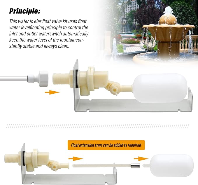 Water Fountain Auto Fill System AutoFill Water Level Kit, 1/4 Inch Tube with Adjustable Arm for Outdoor Fountain Pond Aquariums Aquaculture