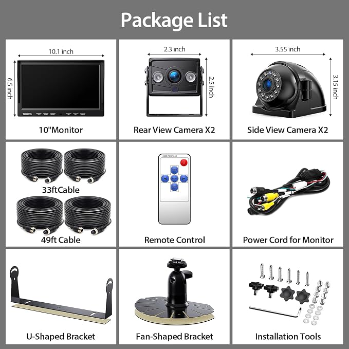 ZEROXCLUB 4 Wired Backup Camera System, 10" 1080P Monitor IP69K Waterproof Vibration-Proof 10G Rear Side View Camera, Quad Split Screen for Tractor, Truck, Trailer, Combine, Heavy Equipment, BH104