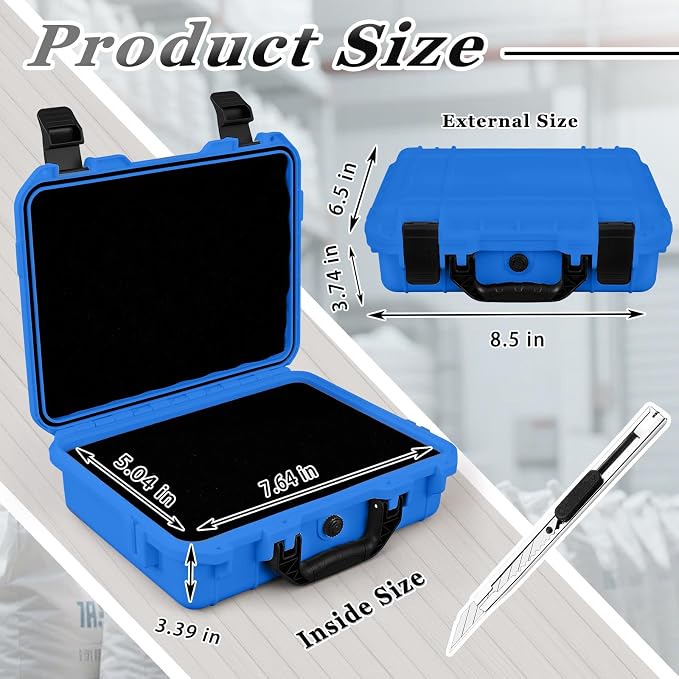 Relaxweex 1 Pcs Waterproof Hard Case with DIY Customizable Foam Insert Portable Protective Case with Knife for Camera Drones Equipments Tools Test Instruments(Blue,8.5 x 6.5 x 3.7 Inch)