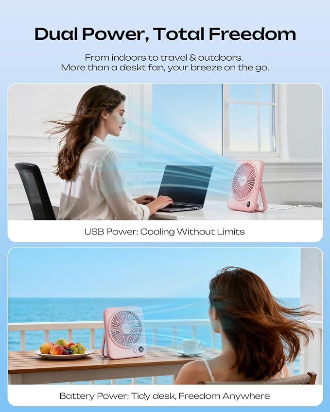 Otlonpe Portable Desk Fan 6.5 Inch, 4000mAh Rechargeable Battery Operated & USB Powered, 23Hrs Cordless Small Personal Fan 4-Speed Quiet for Office Travel Home Sleeping, Led Display, Foldable (Pink)