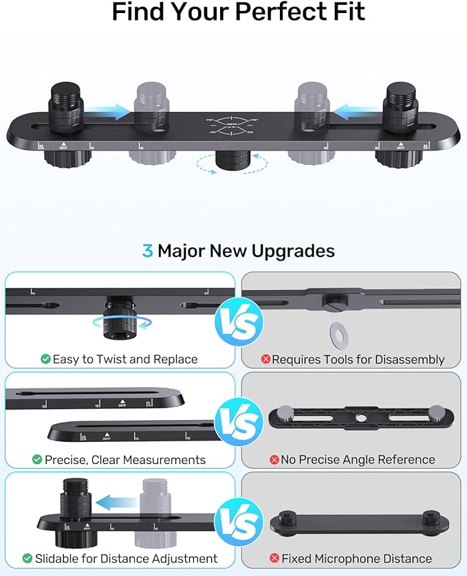 Stereo Array Spacing Mic Bar Mount, Aluminum Dual Microphone Holder with Ruled Markings & Adjustable Positioning, Fits 5/8", 3/8" & 1/4" Stands, Ideal for XY/ORTF Recording, Studio, Podcasting