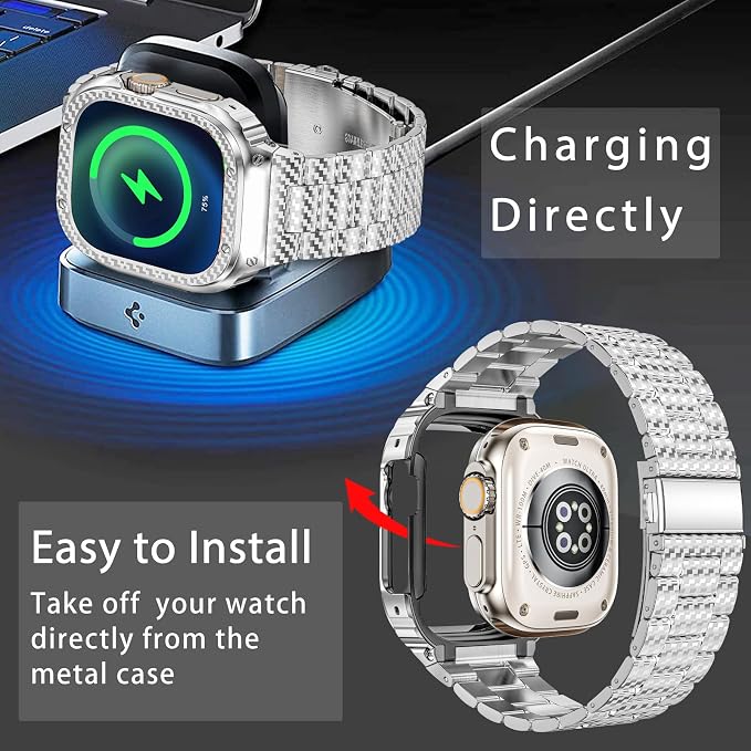 MioHHR Stainless Steel Band and Case Compatible with Apple Watch Band 49mm, Men Metal Protective Bumper Cover for iWatch Series Ultra 3/2/1, Silver Pattern