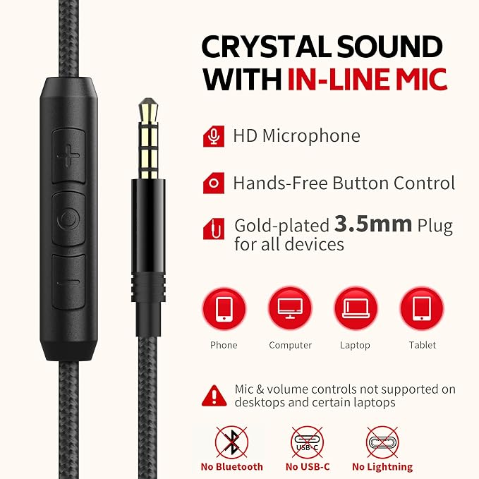 Over Ear Headphones Wired, AC01 Corded Stereo Headsets with Microphone Volume Control for Adults Teens Kids 3.5mm Jack for Chromebooks, Laptop, Computer, Tablets, Travel (Black Red)