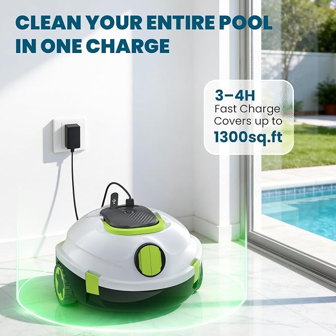 Y20 Robotic Pool Cleaner, Cordless Pool Vacuum for Above Ground & Inground Flat Pools with Dual Motors, 130 Min Runtime, Auto-Parking, Powerful Pool Vacuum Robot for Up to 1200 Sq.Ft
