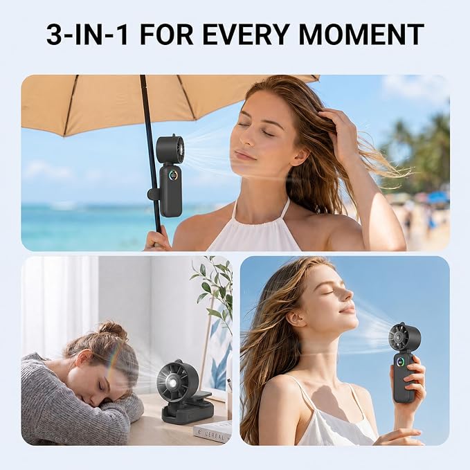 Clip-On Portable Fan with Misting, 4000mAh Up to 12H Battery Life Hand Mini Foldable Fan, 360° Rotating USB Rechargeable Turbo Quiet Stroller Fans for Travel Outdoors and Office Use (Black)