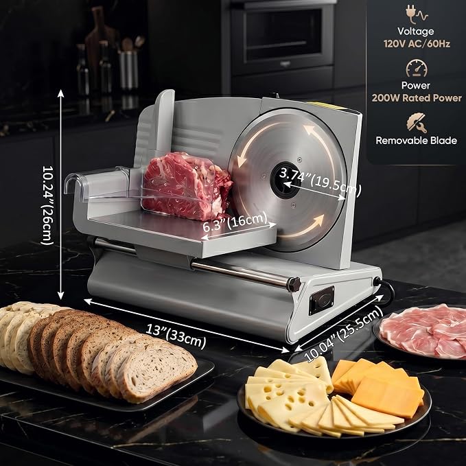 Sakerplus Electric Meat Slicer, 200W Food Slicer Machine with 2 Blades, 0-15mm Adjustable Thickness, Removable Blade, Food Pusher & Safety Guard for Meat, Bread, Vegetables