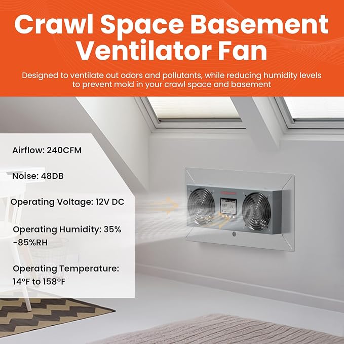 Abestorm Crawlspace Ventilation Fan, Crawl space Ventilator Fan with Humidistat, Temperature Controller, Moisture Reducing, for Crawl Spaces Garage Attic Hydroponics Grow Tents, 240CFM Air-out