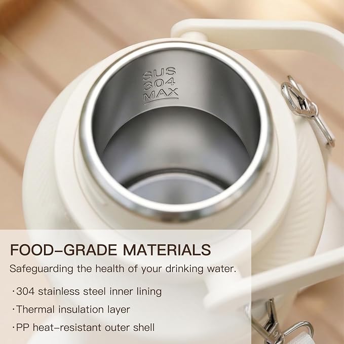 MEGAWISE Portable Electric Heating Cup 1L, 304 Stainless Steel with 4 Temperature Settings (113°F–212°F), Travel Water Boiler with Keep Warm Function, Compact Hot Water Kettle for Home Office Travel