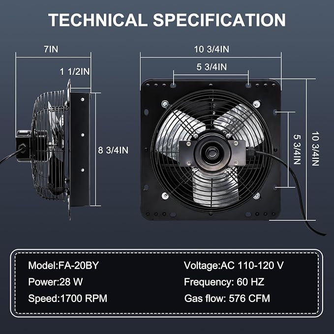 Criditpid 7 Inch Wall Shutter Exhaust Fan, Kitchen Exhaust Fan with ON/OFF Switch for Attic, Gable, Shed, Basement, Greenhouse, Garage Door Exhaust Fans, 576CFM, 1700RPM, Black