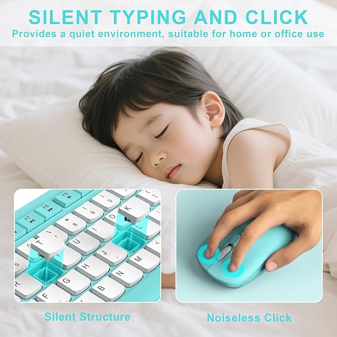 Wireless Keyboard and Mouse Combo, Full-Sized Quiet Wireless Keyboard and Adjustable DPI Mouse, 2.4GHz USB Receiver, Keyboard and Mouse for PC, Windows, Desktop, Laptop (Tiffany Blue and White-B)