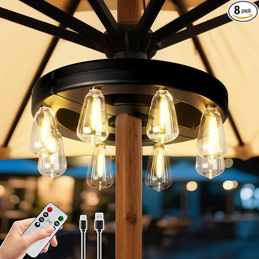 Patio Outdoor Umbrella Lights, Rechargeable Battery Cordless Umbrella Light with 8 Warm White Bulbs 3 Brightness Levels, for Patio, Garden, Backyard, Camping or BBQ