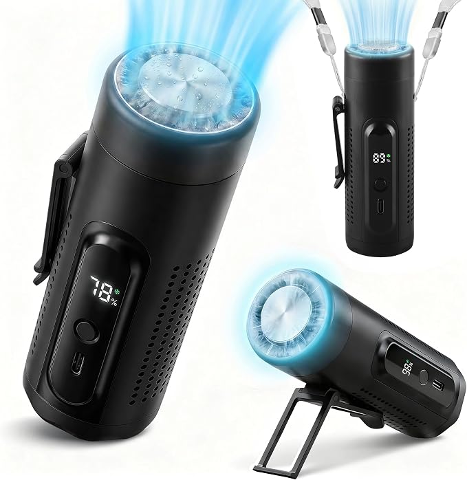 Portable Handheld Fan with Ice Cooling Plate, 3 in 1 Mini Personal Fan with Light & Clip, 5 Speed Rechargeable Fan with LED Display & Hidden Stand, Hands Free Camping Fan for Travel, Desk (Black)