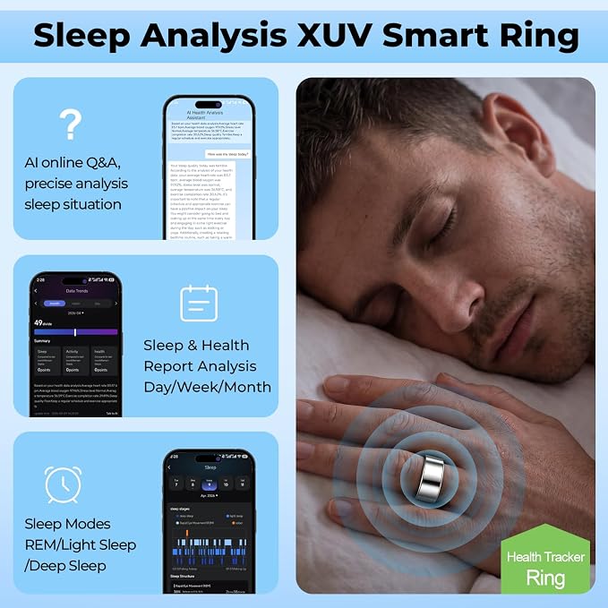 XUV Smart Health Ring for Women Men, Waterproof Smart Ring with Heart Rate/Emergency Alert/Daily Reminders/Sleep/Sport Report– No Subscription Fee, Compatible with iOS & Android(Silver, 11)
