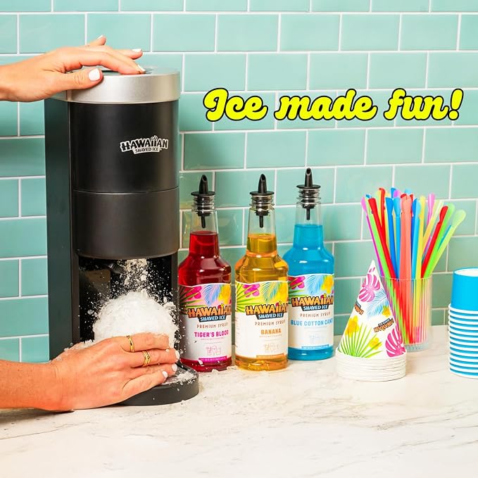 Hawaiian Shaved Ice S777 Snow Cone and Shaved Ice Machine with Blade Adjustment Knob and 5 Reusable Plastic Ice Mold Cups. Great for Granitas, Seltzers, Italian Soda and More 120V, Matte Black | Blade Adjustment Knob, 5 Reusable Plastic Ice Cups with Lids