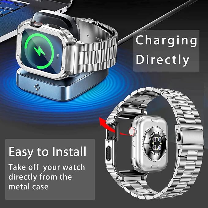 MioHHR Stainless Steel Band and Case Compatible with Apple Watch Band 41mm 40mm 38mm, Men Metal Protective Bumper Cover for iWatch Series 9/8/7/6/5/4/3/2/1/SE/SE2/SE3, Silver