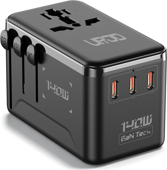 140W Max GaN Universal Travel Adapter, 3 USB C 1 USB A & 2500W AC Outlet, International Power Adapter for EU UK US AU 200+ Countries, Fast Charger Compatible with MacBook, iPhone, Laptop and More