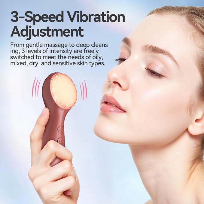 Colorful LED Silicone Face Wash Brush - Sonic Vibration Face Cleaner with Heat Sensation, 3 Modes & Ergonomic Handle, Waterproof Electric Face Brush for at-Home Spa & Travel Skincare (Dark Brown)